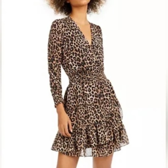 Michael Kors Smocked Leopard-Print Dress Sz Large - Picture 1 of 8